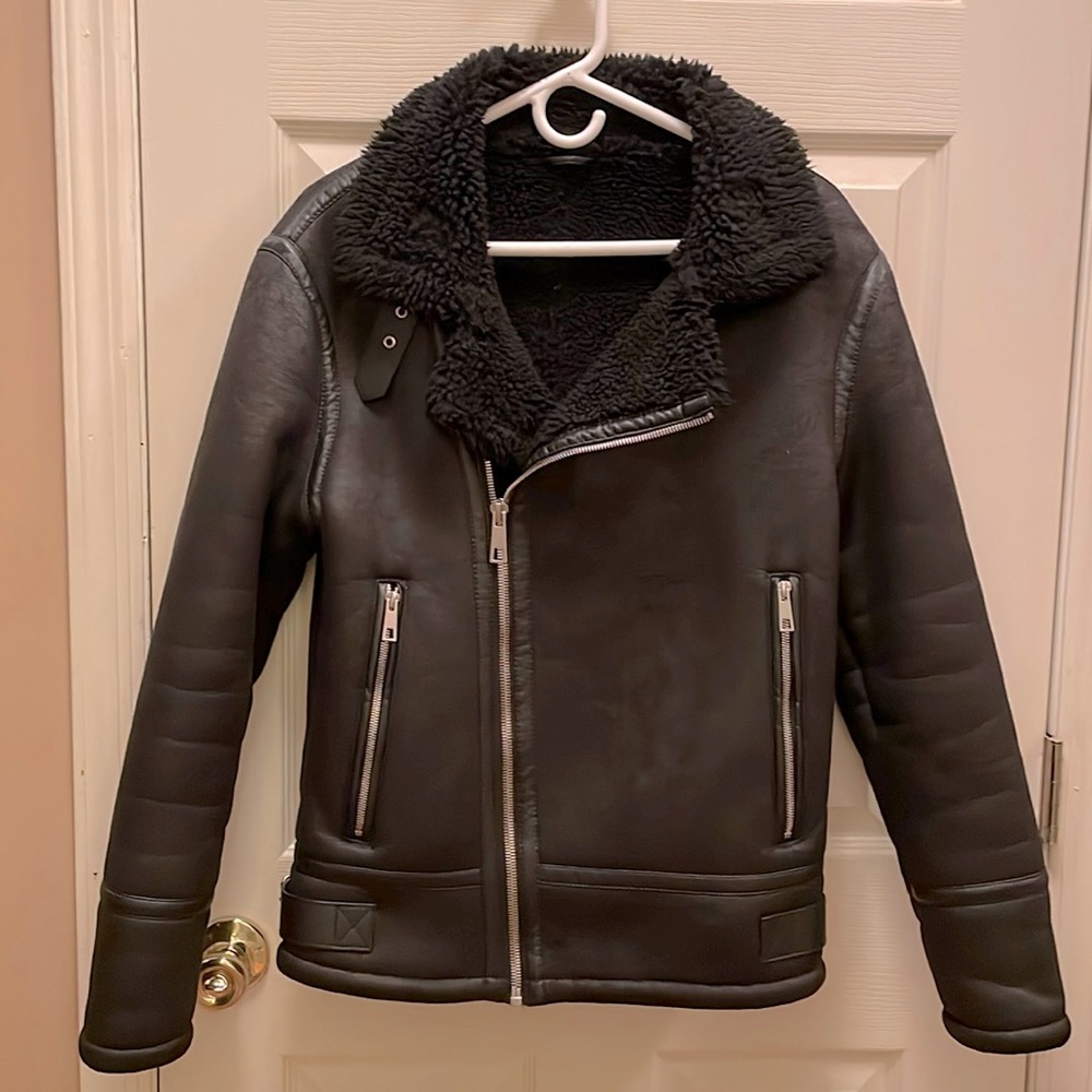 Zara men’s faux suede asymmetrical black coat with black sherpa lining